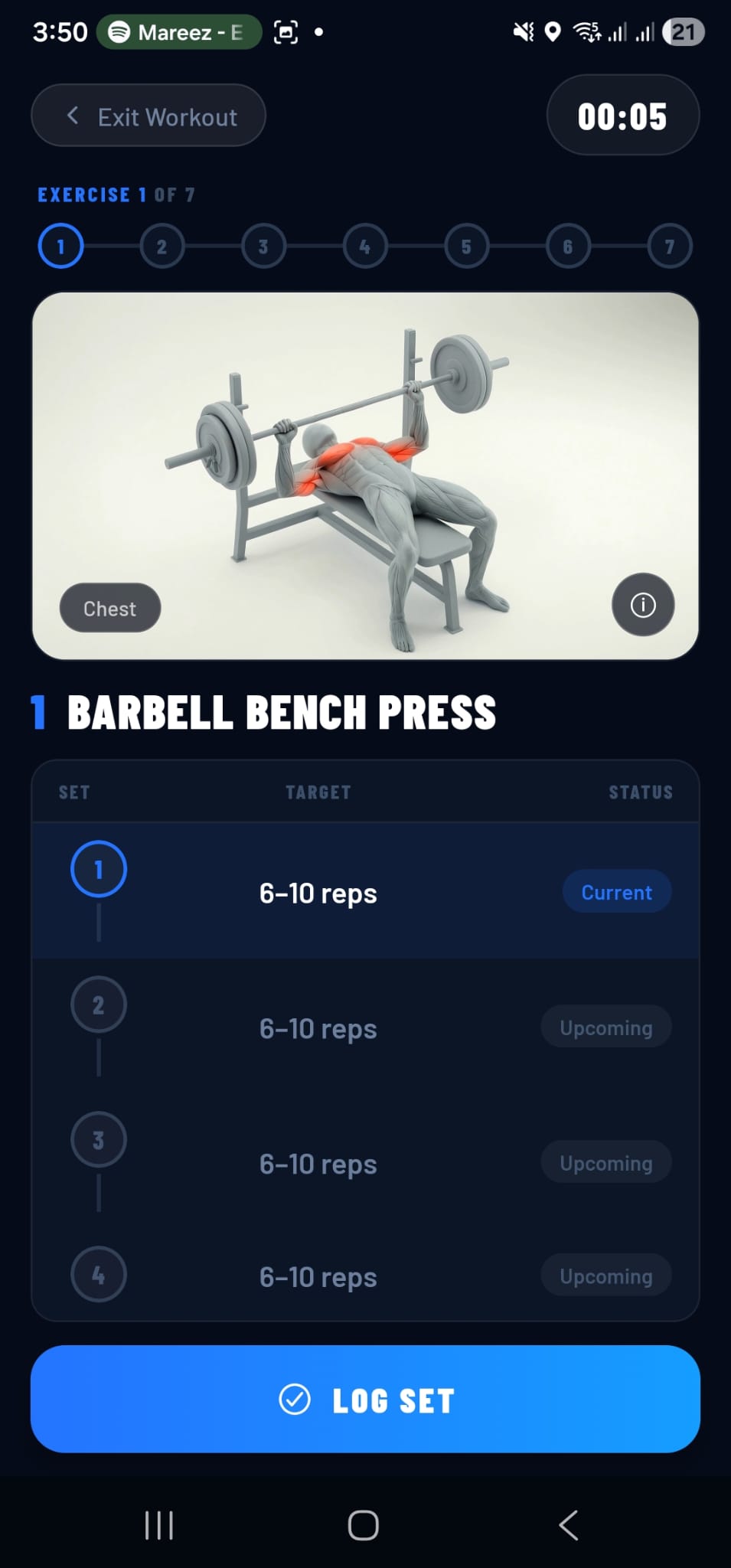 EagerWorkouts Active Workout screen showing the current exercise, set targets and a Log Set action.