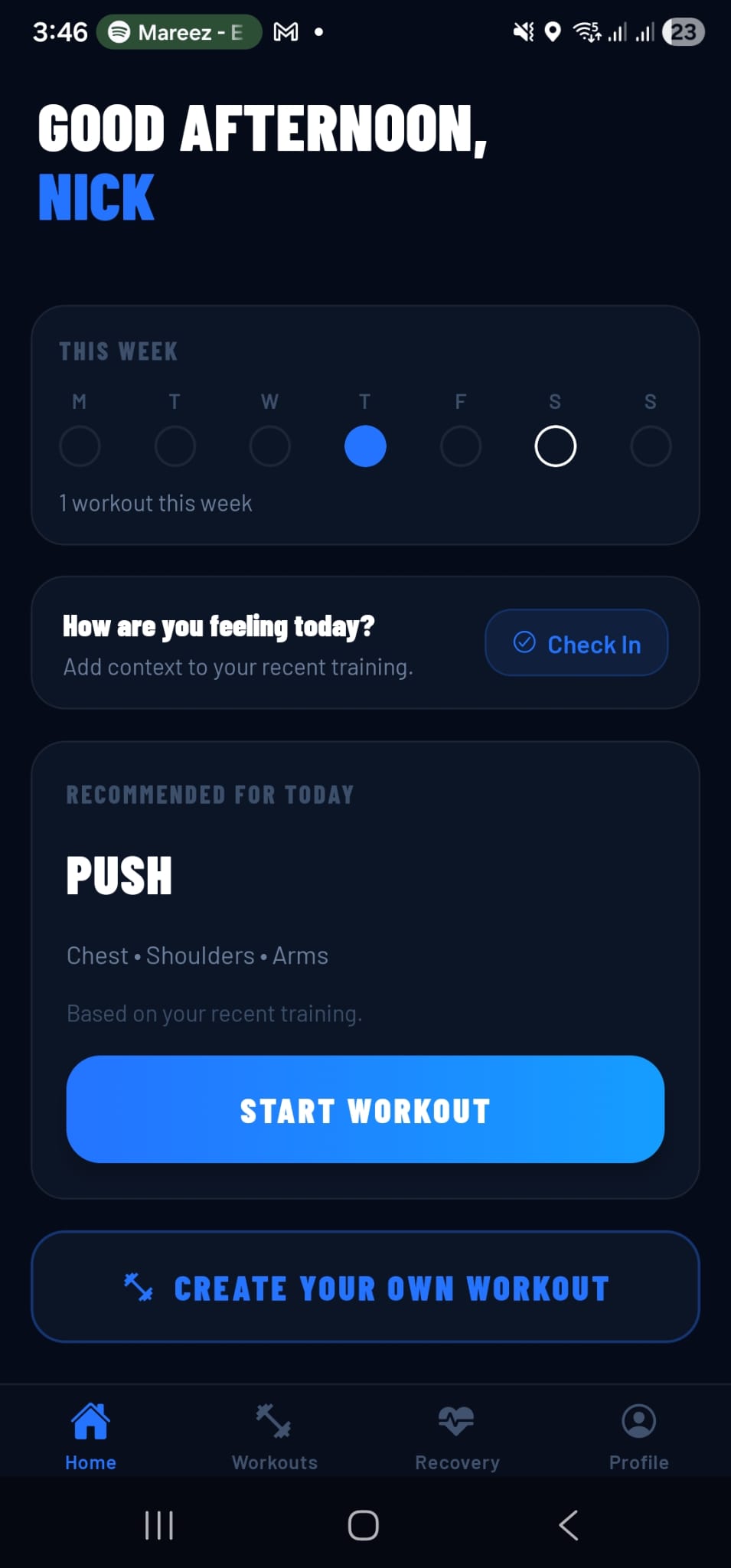 EagerWorkouts Home screen showing today's recommended workout and an option to create your own.