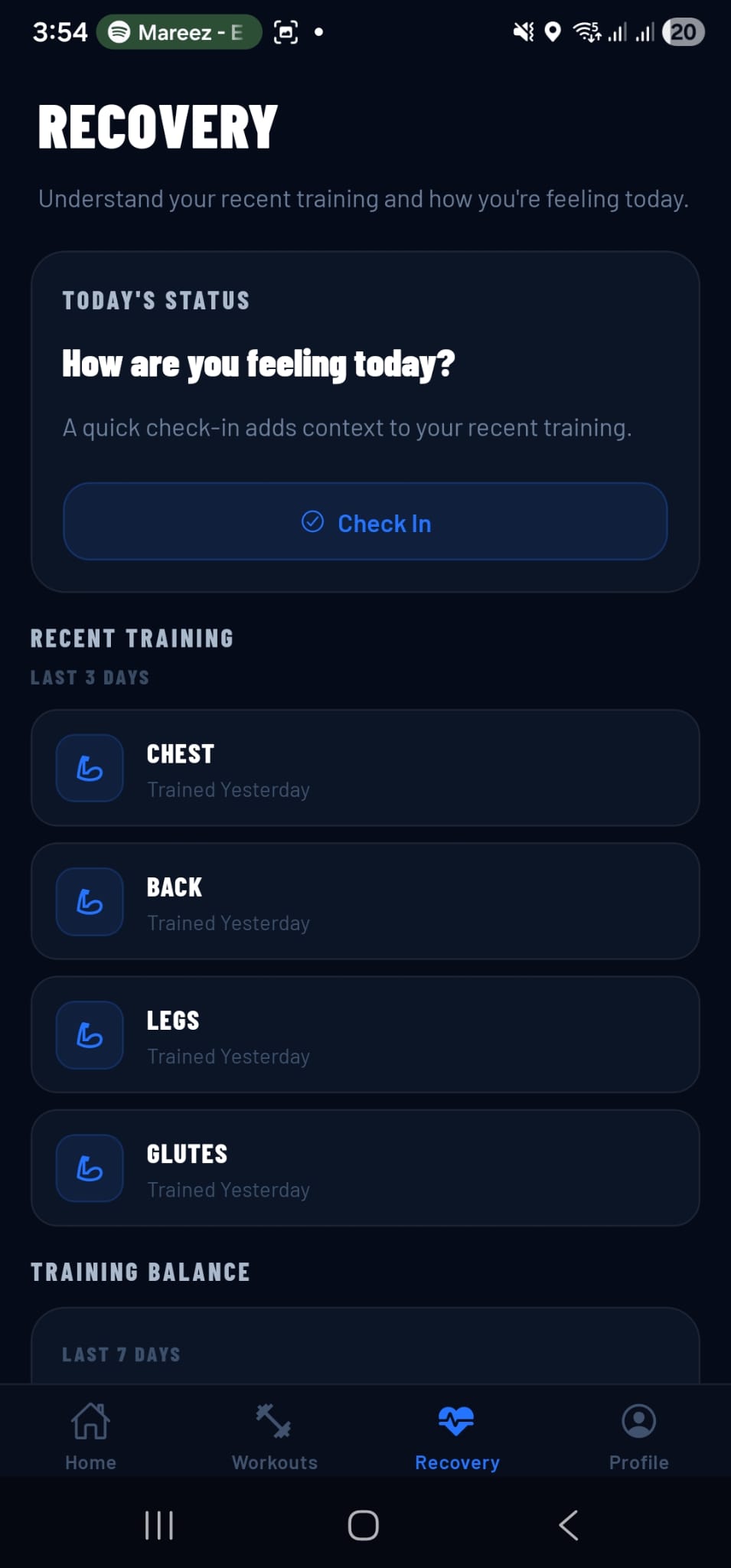 EagerWorkouts Recovery screen showing today's check-in prompt and recent training by body area.