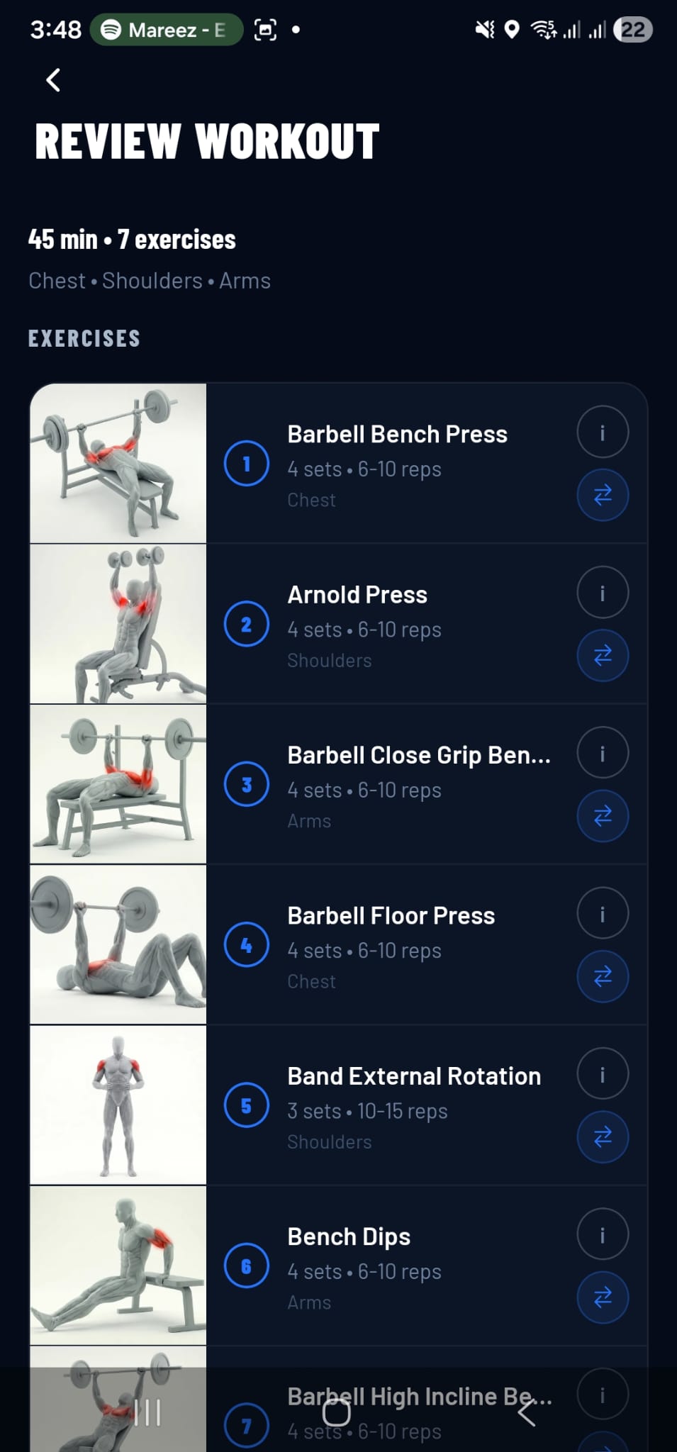 EagerWorkouts Review Workout screen listing exercises with sets, reps and target areas.